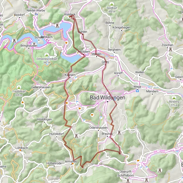 Map miniature of "Wildungen Gravel Tour" cycling inspiration in Kassel, Germany. Generated by Tarmacs.app cycling route planner