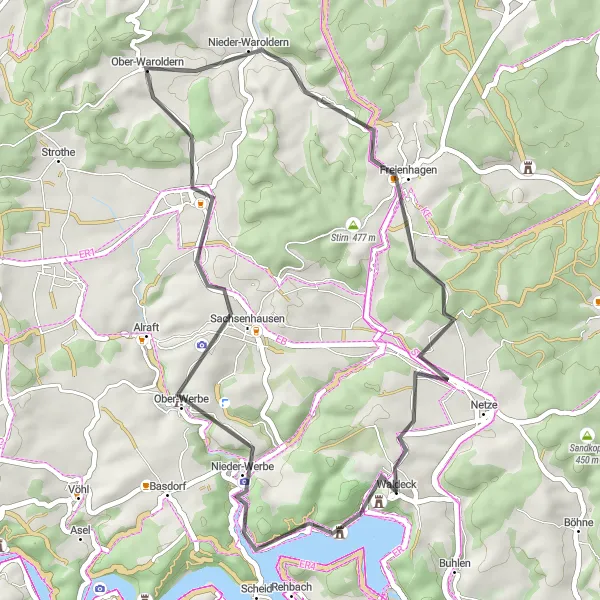 Karten-Miniaturansicht der Radinspiration "Hessisches Bergland Rundtour" in Kassel, Germany. Erstellt vom Tarmacs.app-Routenplaner für Radtouren