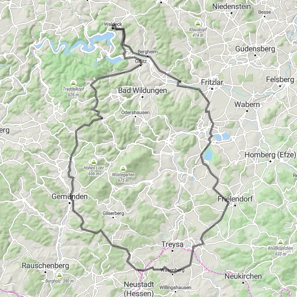 Map miniature of "Waldeck Explorer" cycling inspiration in Kassel, Germany. Generated by Tarmacs.app cycling route planner