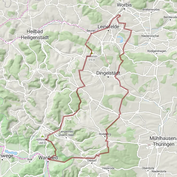 Map miniature of "Scenic Gravel Route to Hainzenberg" cycling inspiration in Kassel, Germany. Generated by Tarmacs.app cycling route planner