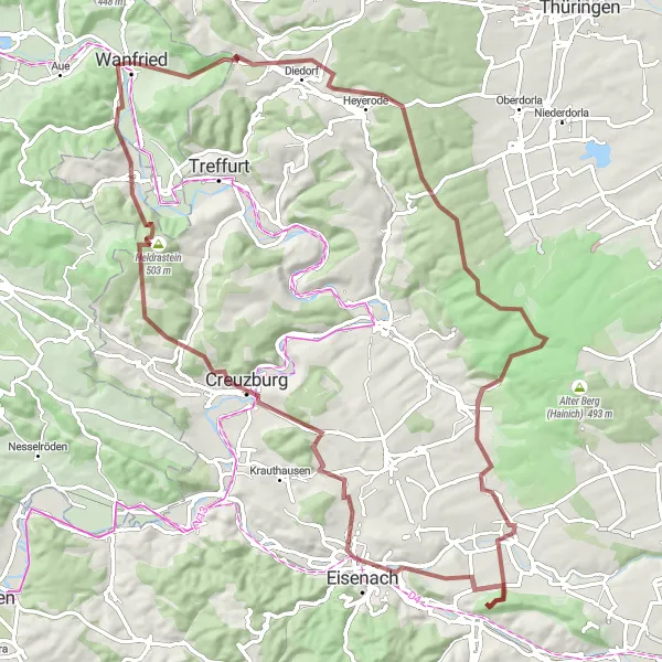 Map miniature of "Gravel Adventure to Eisenach" cycling inspiration in Kassel, Germany. Generated by Tarmacs.app cycling route planner