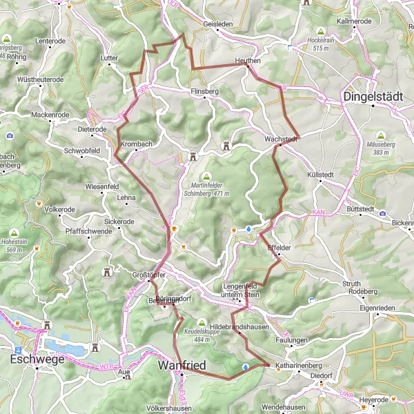 Karten-Miniaturansicht der Radinspiration "Die anspruchsvolle gravelige Tour von Wanfried" in Kassel, Germany. Erstellt vom Tarmacs.app-Routenplaner für Radtouren