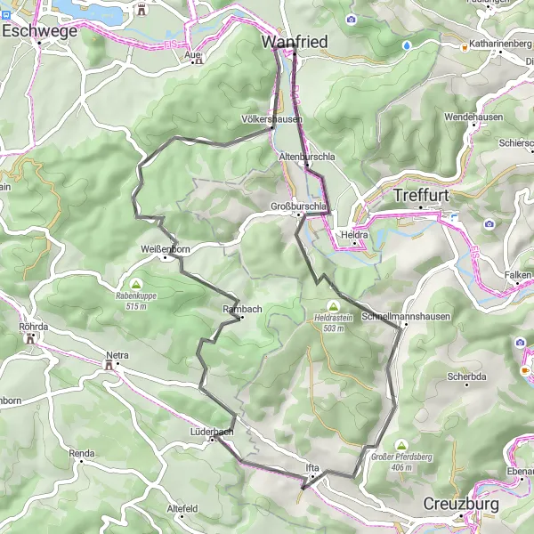 Map miniature of "Heldrastein Circuit" cycling inspiration in Kassel, Germany. Generated by Tarmacs.app cycling route planner