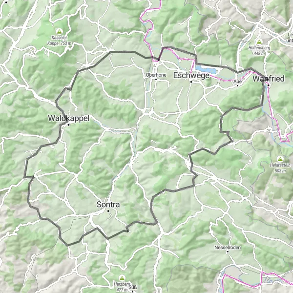 Map miniature of "Wanfried Castle Loop" cycling inspiration in Kassel, Germany. Generated by Tarmacs.app cycling route planner