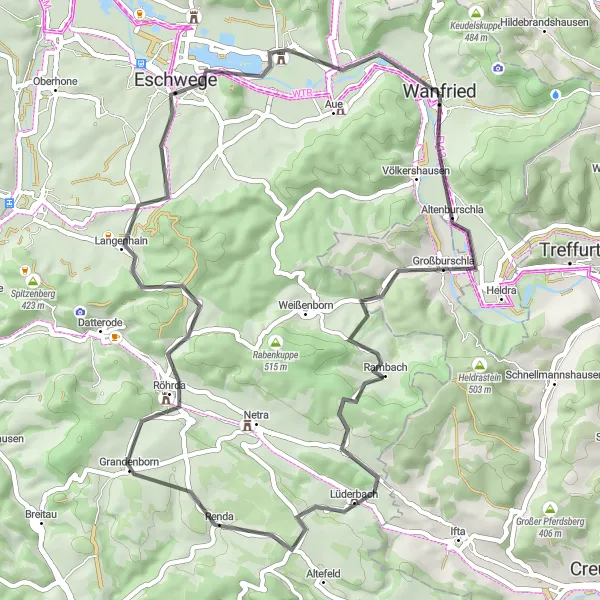 Map miniature of "Großburschla Circuit" cycling inspiration in Kassel, Germany. Generated by Tarmacs.app cycling route planner