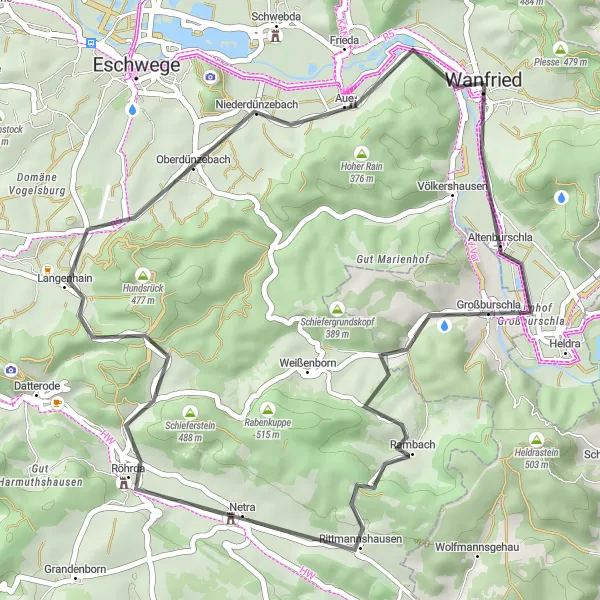 Map miniature of "Adventurous Sohlberg Route" cycling inspiration in Kassel, Germany. Generated by Tarmacs.app cycling route planner