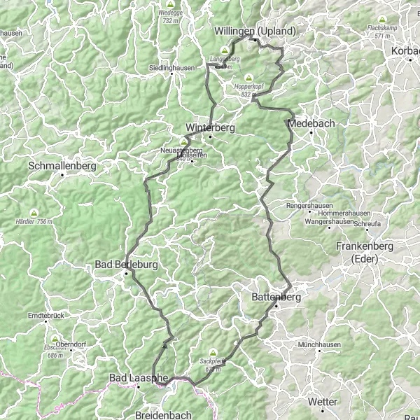 Map miniature of "Exploring the Ederbergland" cycling inspiration in Kassel, Germany. Generated by Tarmacs.app cycling route planner