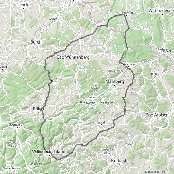 Map miniature of "Upland Loop" cycling inspiration in Kassel, Germany. Generated by Tarmacs.app cycling route planner