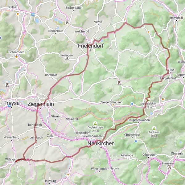 Map miniature of "Scenic Gravel Loop" cycling inspiration in Kassel, Germany. Generated by Tarmacs.app cycling route planner