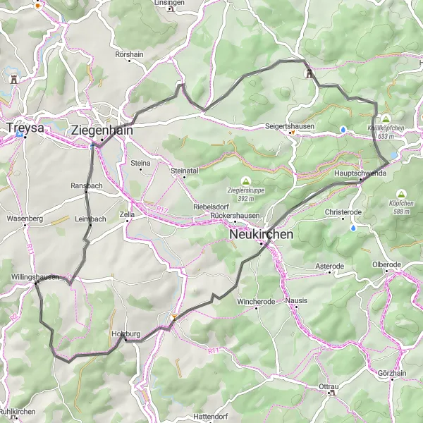 Map miniature of "Willingshausen Loop" cycling inspiration in Kassel, Germany. Generated by Tarmacs.app cycling route planner