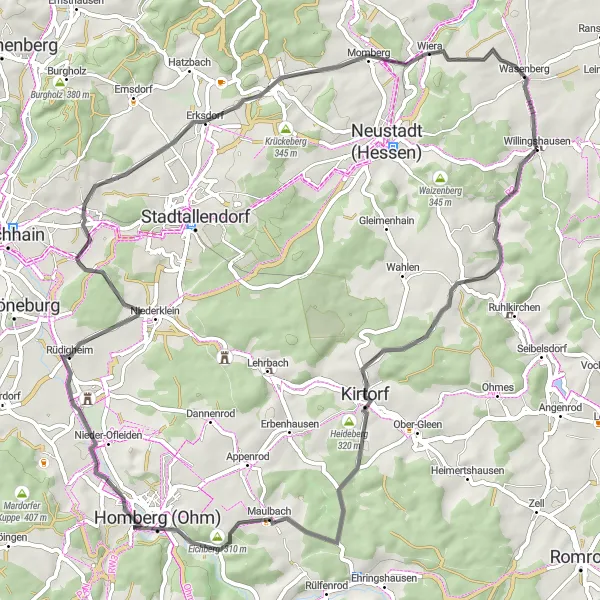 Karten-Miniaturansicht der Radinspiration "Radtour durch Kirtorf und Umgebung" in Kassel, Germany. Erstellt vom Tarmacs.app-Routenplaner für Radtouren