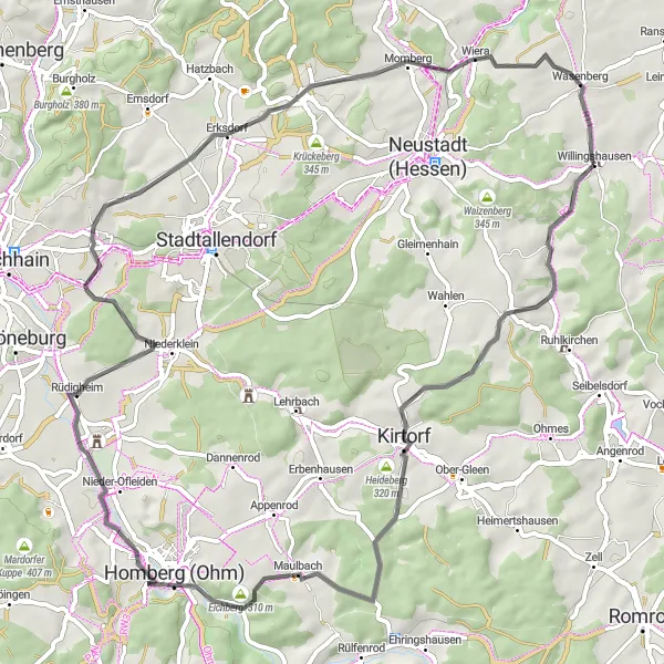 Map miniature of "Challenging Roads and Scenic Views" cycling inspiration in Kassel, Germany. Generated by Tarmacs.app cycling route planner