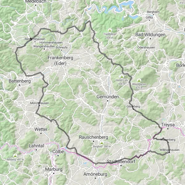 Karten-Miniaturansicht der Radinspiration "Road-Trip mit Panoramaausblick" in Kassel, Germany. Erstellt vom Tarmacs.app-Routenplaner für Radtouren