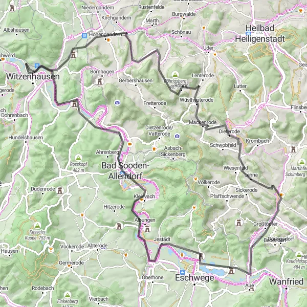 Map miniature of "Wonders of Witzenhausen" cycling inspiration in Kassel, Germany. Generated by Tarmacs.app cycling route planner