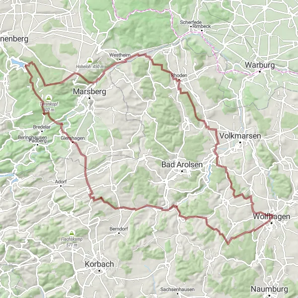Map miniature of "Wolfhagen Gravel Adventure" cycling inspiration in Kassel, Germany. Generated by Tarmacs.app cycling route planner