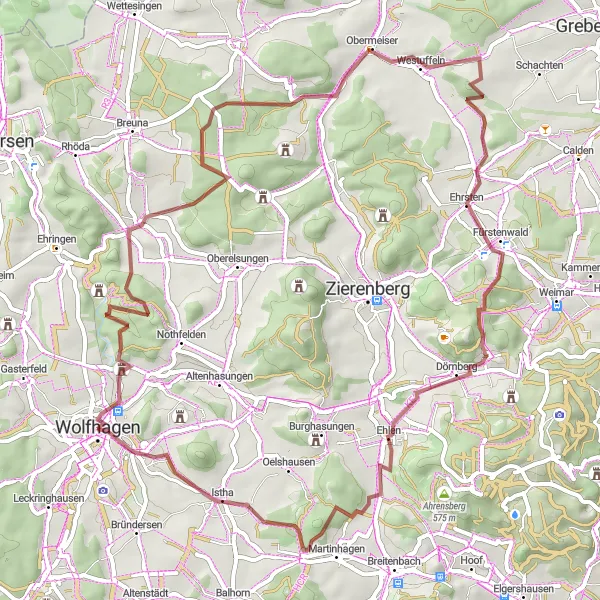 Map miniature of "Wolfhagen Nature Gravel Loop" cycling inspiration in Kassel, Germany. Generated by Tarmacs.app cycling route planner