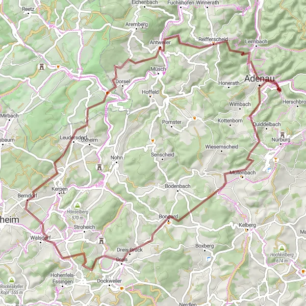 Karten-Miniaturansicht der Radinspiration "Rundreise Adenau - Quiddelbach - Selberg - Dreis - Berndorf - Weinberg - Dorsel" in Koblenz, Germany. Erstellt vom Tarmacs.app-Routenplaner für Radtouren