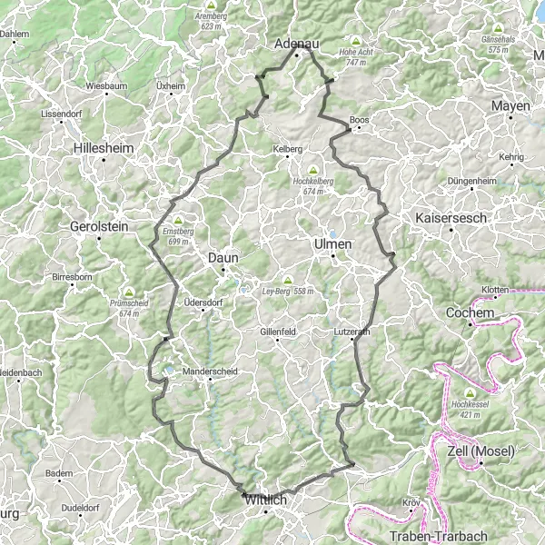 Map miniature of "The Eifel Challenge" cycling inspiration in Koblenz, Germany. Generated by Tarmacs.app cycling route planner