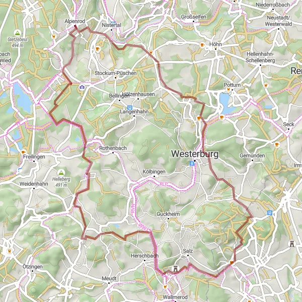 Map miniature of "Gravel Adventure: Dornburg and Küppel Circuit" cycling inspiration in Koblenz, Germany. Generated by Tarmacs.app cycling route planner