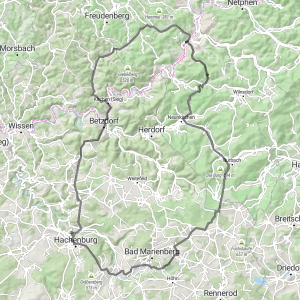 Karten-Miniaturansicht der Radinspiration "Rundtour zum Barbaraturm und Nistertal" in Koblenz, Germany. Erstellt vom Tarmacs.app-Routenplaner für Radtouren