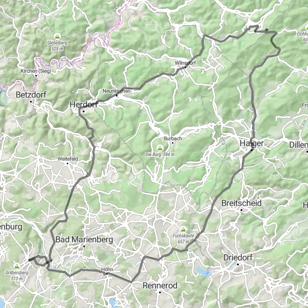 Map miniature of "Ultimate Westerwald Challenge" cycling inspiration in Koblenz, Germany. Generated by Tarmacs.app cycling route planner