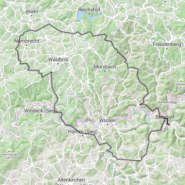 Map miniature of "Alsdorf and the Peaks" cycling inspiration in Koblenz, Germany. Generated by Tarmacs.app cycling route planner