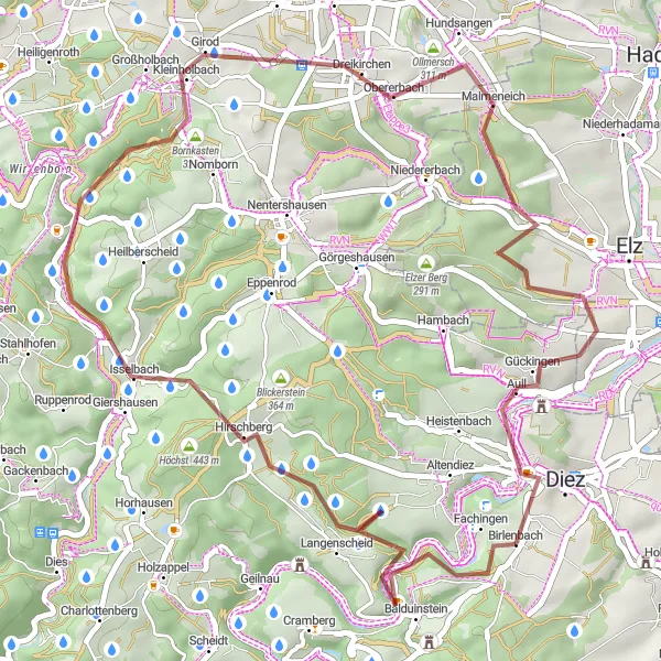 Map miniature of "Altendiez - Hirschberg - Dreikirchen Loop" cycling inspiration in Koblenz, Germany. Generated by Tarmacs.app cycling route planner