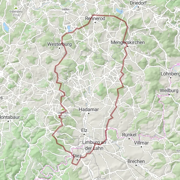 Map miniature of "Altendiez - Westerburg - Birlenbach Gravel Adventure" cycling inspiration in Koblenz, Germany. Generated by Tarmacs.app cycling route planner