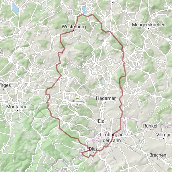 Karten-Miniaturansicht der Radinspiration "Hügelige Herausforderung um Altendiez" in Koblenz, Germany. Erstellt vom Tarmacs.app-Routenplaner für Radtouren