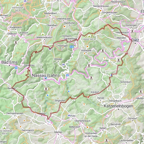 Karten-Miniaturansicht der Radinspiration "Abenteuerliche Höhen um Wasenbach" in Koblenz, Germany. Erstellt vom Tarmacs.app-Routenplaner für Radtouren
