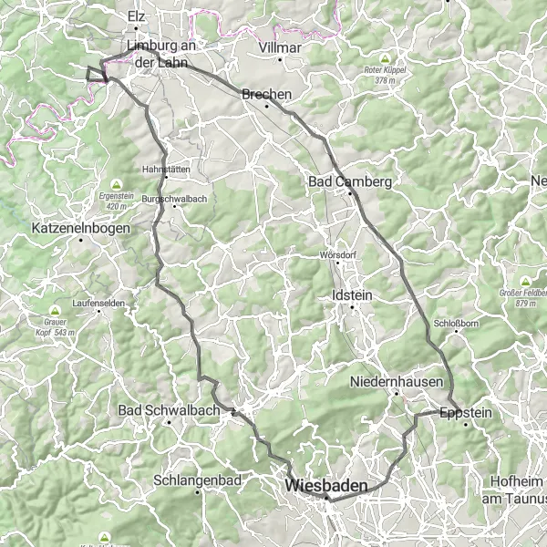 Map miniature of "Limburg an der Lahn Circuit" cycling inspiration in Koblenz, Germany. Generated by Tarmacs.app cycling route planner