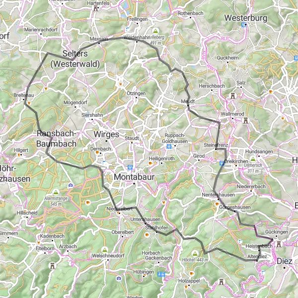 Karten-Miniaturansicht der Radinspiration "Road-Rundfahrt um Altendiez" in Koblenz, Germany. Erstellt vom Tarmacs.app-Routenplaner für Radtouren