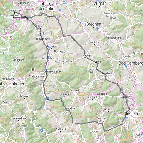 Karten-Miniaturansicht der Radinspiration "Rund um Diez" in Koblenz, Germany. Erstellt vom Tarmacs.app-Routenplaner für Radtouren