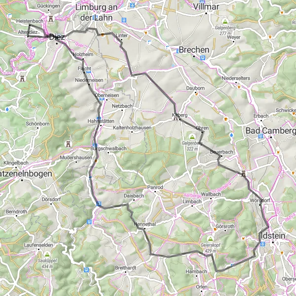 Map miniature of "Diez Hill Loop" cycling inspiration in Koblenz, Germany. Generated by Tarmacs.app cycling route planner