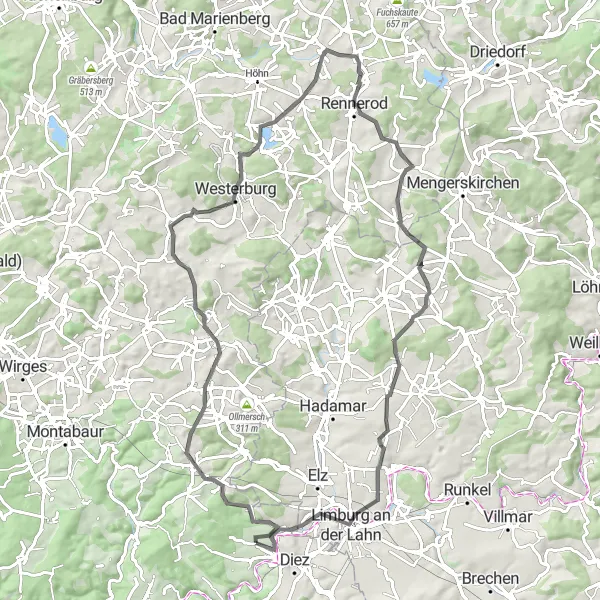 Karten-Miniaturansicht der Radinspiration "Rundtour um Limburg an der Lahn" in Koblenz, Germany. Erstellt vom Tarmacs.app-Routenplaner für Radtouren