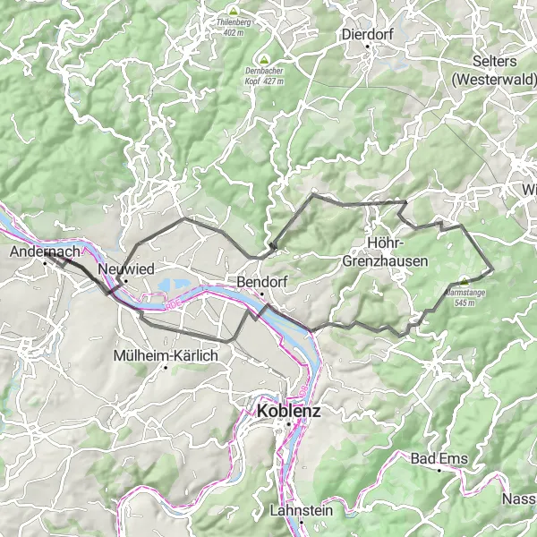 Map miniature of "Round-Trip Andernach" cycling inspiration in Koblenz, Germany. Generated by Tarmacs.app cycling route planner