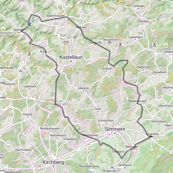 Map miniature of "Road Adventure to Bergenhausen" cycling inspiration in Koblenz, Germany. Generated by Tarmacs.app cycling route planner