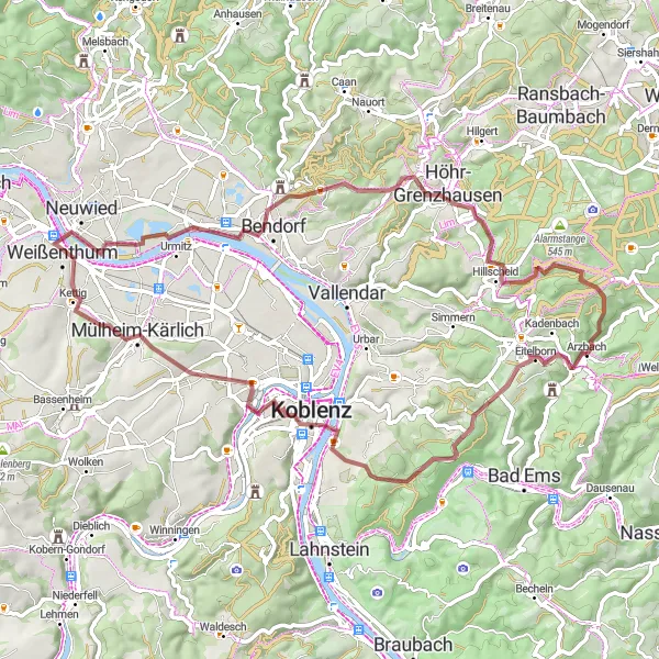 Map miniature of "Arzbach Gravel Loop 2" cycling inspiration in Koblenz, Germany. Generated by Tarmacs.app cycling route planner