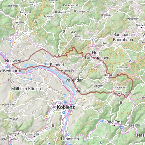 Map miniature of "Arzbach Gravel Loop 1" cycling inspiration in Koblenz, Germany. Generated by Tarmacs.app cycling route planner