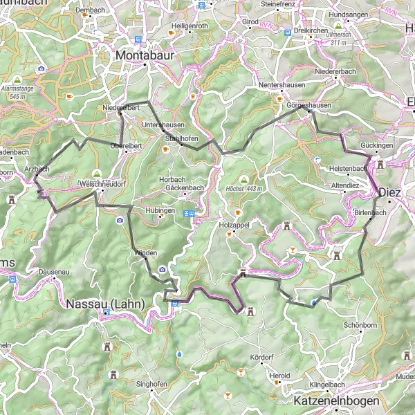 Karten-Miniaturansicht der Radinspiration "Diez-Runde von Arzbach" in Koblenz, Germany. Erstellt vom Tarmacs.app-Routenplaner für Radtouren