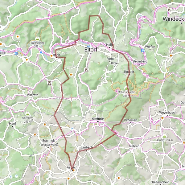 Map miniature of "Asbach Gravel Adventure - Bach, Happach, and Limbach" cycling inspiration in Koblenz, Germany. Generated by Tarmacs.app cycling route planner