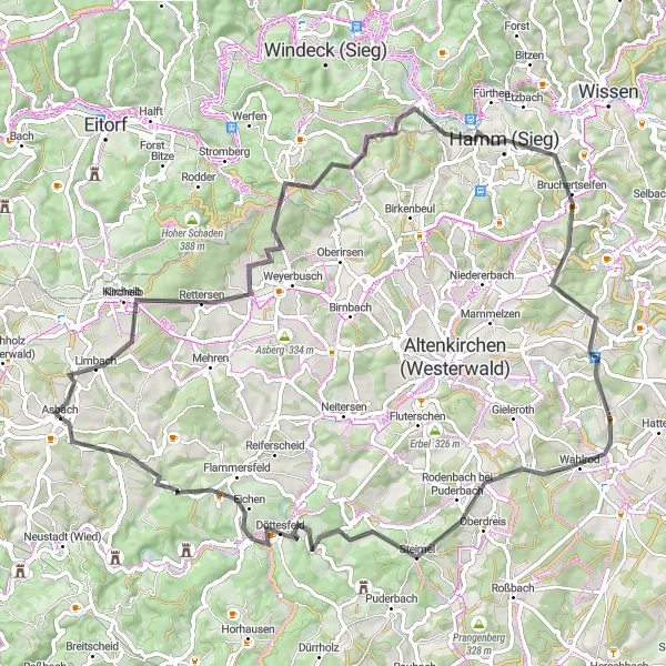 Map miniature of "Asbach to Berod Loop via Kircheib and Hamm (Sieg)" cycling inspiration in Koblenz, Germany. Generated by Tarmacs.app cycling route planner