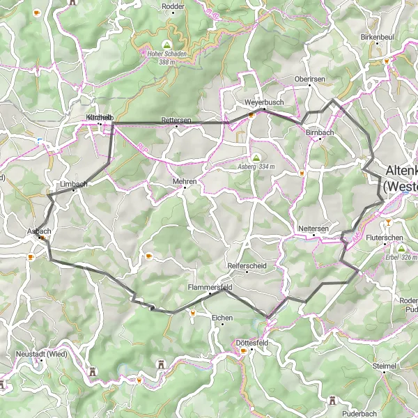 Map miniature of "Asbach to Forstmehren via Galgenberg and Flammersfeld" cycling inspiration in Koblenz, Germany. Generated by Tarmacs.app cycling route planner