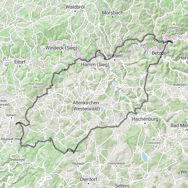 Map miniature of "Challenging Road Ride to Burgruine Ehrenstein" cycling inspiration in Koblenz, Germany. Generated by Tarmacs.app cycling route planner