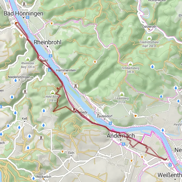 Map miniature of "Rheintal Gravel Ride" cycling inspiration in Koblenz, Germany. Generated by Tarmacs.app cycling route planner