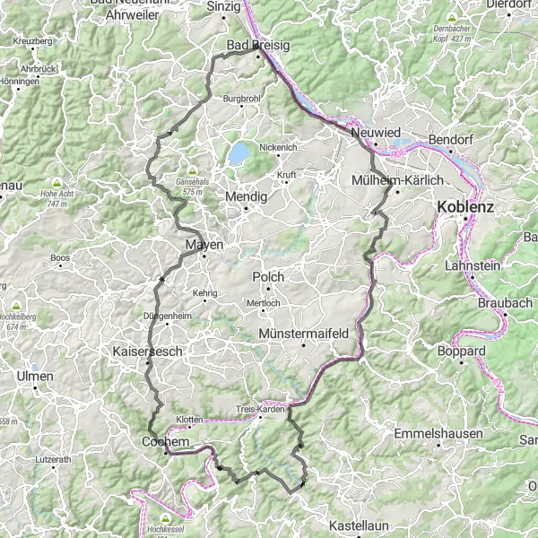 Map miniature of "The Rhine Valley Challenge" cycling inspiration in Koblenz, Germany. Generated by Tarmacs.app cycling route planner