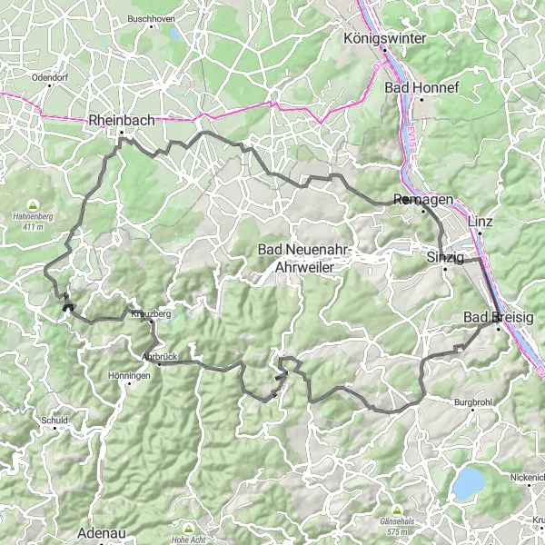 Karten-Miniaturansicht der Radinspiration "Hügelige Landschaften und Historische Spuren" in Koblenz, Germany. Erstellt vom Tarmacs.app-Routenplaner für Radtouren