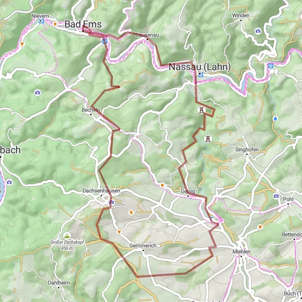 Map miniature of "Gravel Route to Dausenau and Schloss Balmoral" cycling inspiration in Koblenz, Germany. Generated by Tarmacs.app cycling route planner