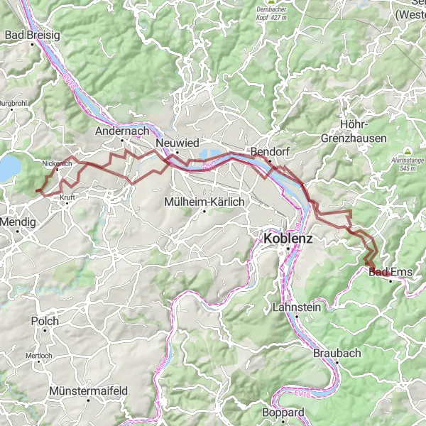 Map miniature of "Gravel Adventure to Nickenich and Malbergturm" cycling inspiration in Koblenz, Germany. Generated by Tarmacs.app cycling route planner
