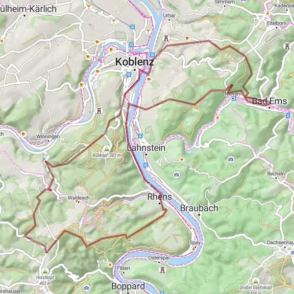 Karten-Miniaturansicht der Radinspiration "Gravel-Abenteuer um Rhens: Natur pur erleben" in Koblenz, Germany. Erstellt vom Tarmacs.app-Routenplaner für Radtouren